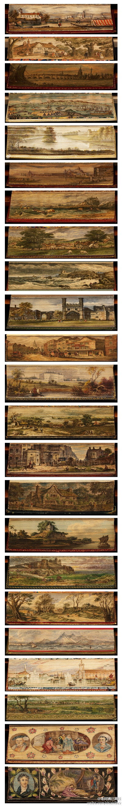 【Fore-edge Painting书籍边缘装饰画】：在图书页面边缘的绘画。有两种形式，一种是合上书就可以直接看到绘画内容，效果如图；第二种需要将书从中间完全展开，或者将书的页面拍成扇形时，才能看到边缘画的内容。