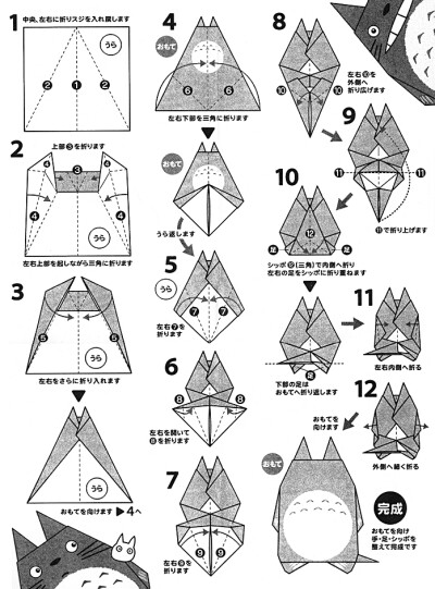 By AndreAvelas-折纸龙猫步骤图，虽然是小日本的文字，但大家完全可以意会！展开图：http://duitang.com/people/mblog/16761382/detail/