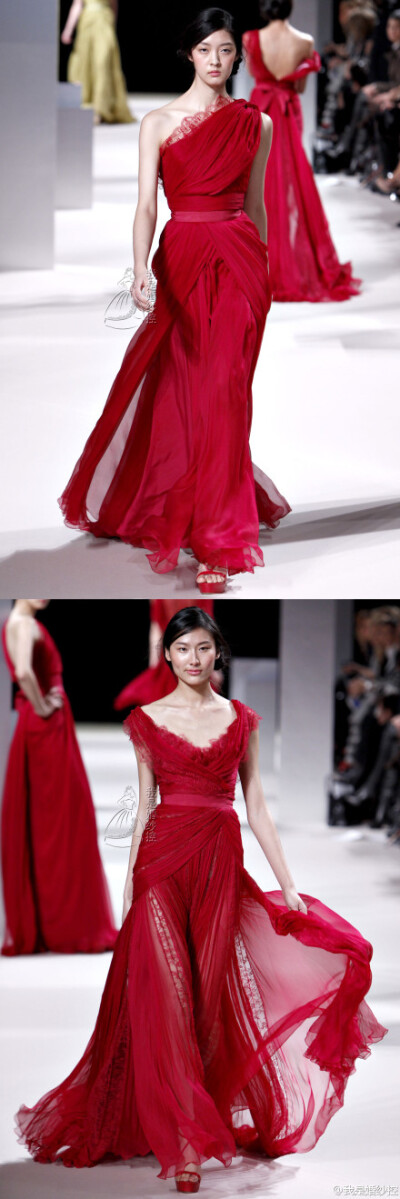 Elie Saab 两款红色礼服，斜肩 & V领