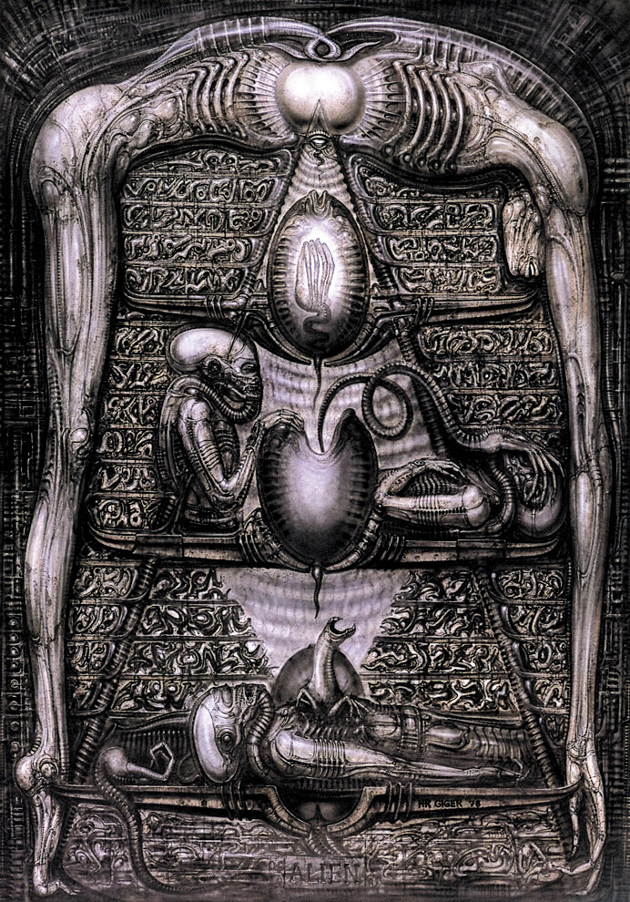 H.R Giger 1940年出生于瑞士，集画家、雕塑家、建筑师和设计师为一身。 他被世界作为超现实主义者所认可，被誉为——“异形之父”。