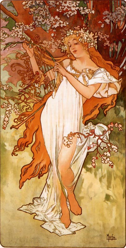 《四季》组画之——春Alphonse Mucha（1860-1939）捷克斯洛伐克画家，新艺术运动代表人物。捷克斯洛伐克第一套邮票和纸币的设计者。“穆夏风格”展现了成熟的追求极端唯美的新艺术曲线装饰风格。