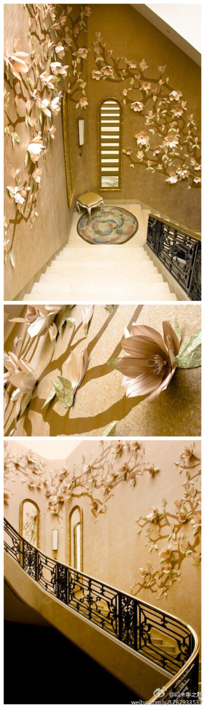 Paper flower installation created by Jo Lynn Alcorn for Maya Romanoff Wallpapers at Kips Bay Decorator Show House 2009. Jo Lynn Alcorn，美国艺术家，毕业于罗德岛艺术学院，专注于纸艺作品，现居纽约，商业…