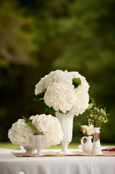 Milk glass and burlap Repinned from Floral Arrangements by Teresa Steele