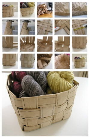 用牛皮纸自编收纳筐。大图请点：http://www.designsponge.com/2012/01/sewing-101-recycled-paper-basket.html