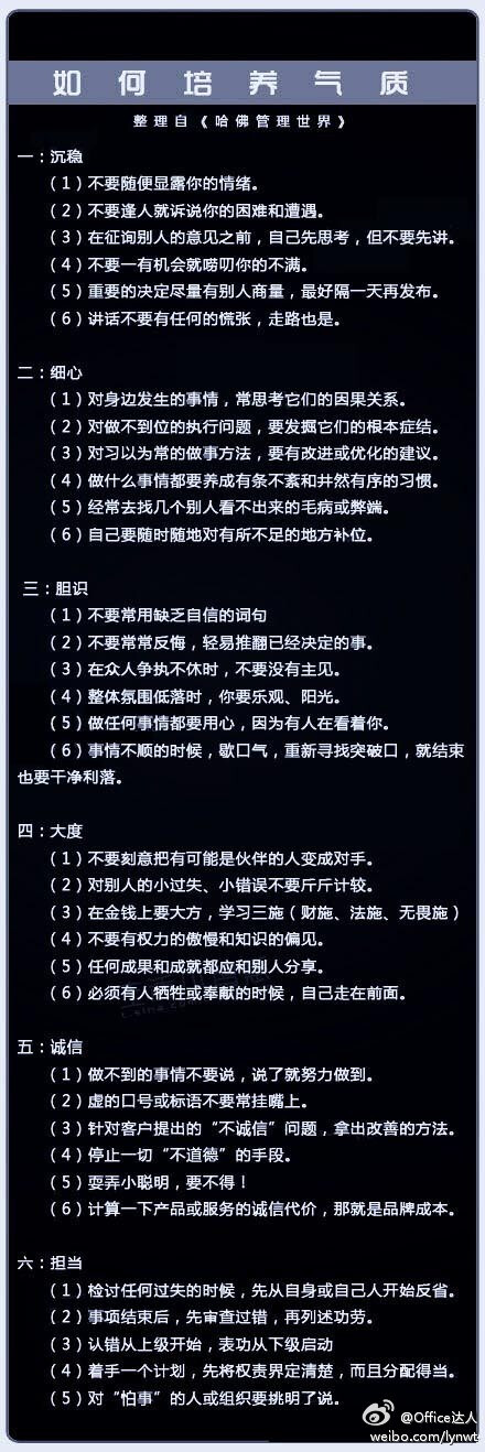 【哈佛管理世界：如何培养气质】人的气质对行为、实践活动的进行及其效率有着很明显的影响。至此，从哈佛管理世界一书中整理出相关文字，与诸位分享。