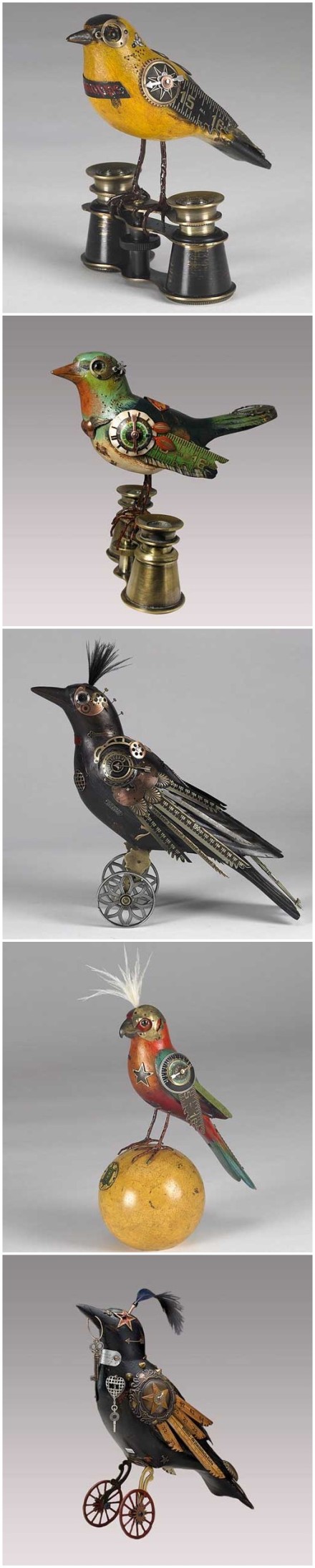 【蒸汽朋克】来自夫妻档Jim mullan和 Tori的一组手工重组小鸟设计。他们从小就对旧手表，古董玩具，科学仪器等等的拆装饶有兴趣，相同的兴趣让这两个人走到了一起，他们的结合让设计得以升华。非常有才气的两个人，喜爱他们的设计，似乎能从他们的设计中感到就航海时代，蒸汽运动的怀旧味道。(组照)——by 视觉志