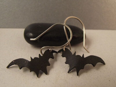 Sterling Silver Earrings Black Bats Halloween by mixedmetalmimi