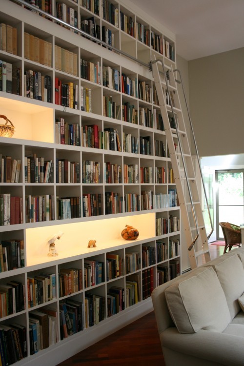 Full library with lighted shelves to better display your books. Love this idea!