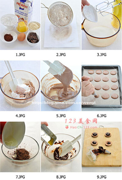 一、马卡龙的做法：1、将杏仁粉，80克糖粉，可可粉混合过筛2遍。2、用电动打蛋器将蛋白打起泡，接着将25克的糖粉分三次加入，一直打到挂在打蛋器和留在盆中的蛋白都形成直立的角尖，然后将过筛好的粉类倒入打好的蛋…