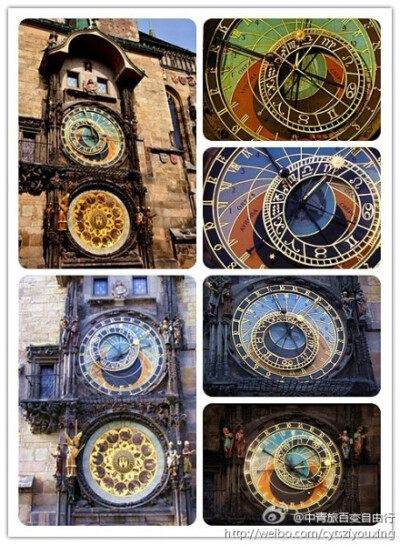【建築】位於布拉格市中心的占星鐘，是一個簡單的天象儀，展示著宇宙的初態。"天文錶盤"的背景表現的是地球與天空的永恆，環繞著四條線路的活動元件，分別是黃道帶內的圓盤裝置，外部旋轉的圓盤裝置，以及太嚴和月亮…