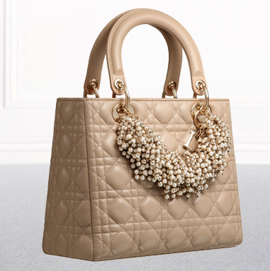 Lady DiorPale Beige leather 'Lady Dior' bag adorned with a pearl necklace