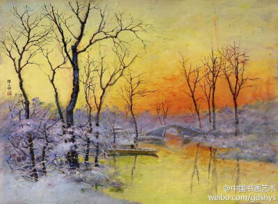 颜文梁 作品 《雪霁》--- 颜文樑（1893-1990），中国第一代留学西方的油画家，他对透视学、色彩学等都有精深研究，兼擅油画、粉画、水彩画，长于风景、风俗、人物题材的创作，汲取古典主义的造型与印象主义的用色，…