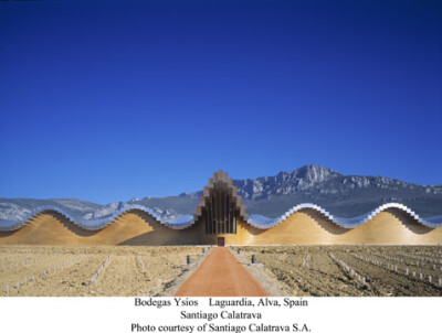 One of Calatrava's finest works is the Bodegas Ysios in Laguardia, Alva, Spain. Its undulating roof and silvery edges are equisitely articulated.