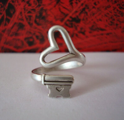 New, Valentine Steampunk HEART SKELETON KEY Ring, Authentic Sterling Silver Finish Not Nickle Silver, Light Ox