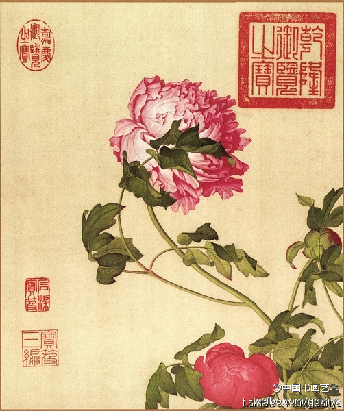 郎世宁《牡丹》--- 郎世宁的主要贡献在于大胆探索西画中用的新路，熔中西画法为一炉，创造了一种前所未有的新画法、新格体，堪称郎世宁新体画。从现存的郎世宁亲笔画迹来看，它既有欧洲油画如实反映现实的艺术概括，又有中国传统绘画之笔墨趣味，确有较高的艺术感染力。