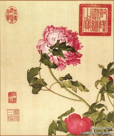 郎世宁《牡丹》--- 郎世宁的主要贡献在于大胆探索西画中用的新路，熔中西画法为一炉，创造了一种前所未有的新画法、新格体，堪称郎世宁新体画。从现存的郎世宁亲笔画迹来看，它既有欧洲油画如实反映现实的艺术概括，…