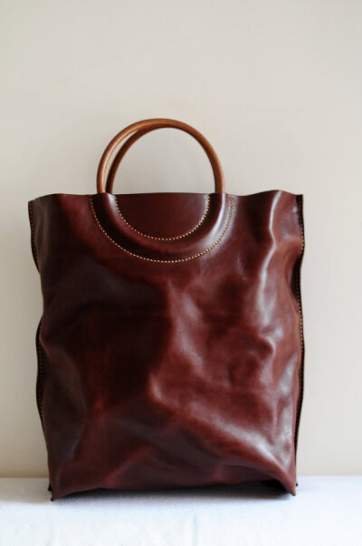 Hand Stitched Washed-Out Brown Leather Tote Bag