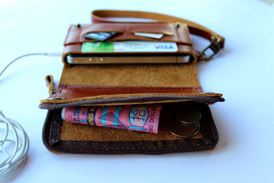 Bifold Leather Wallet case wristlet Brown Genuine cow leather for iPhone4 with large zipperFrom AwesomeWomen