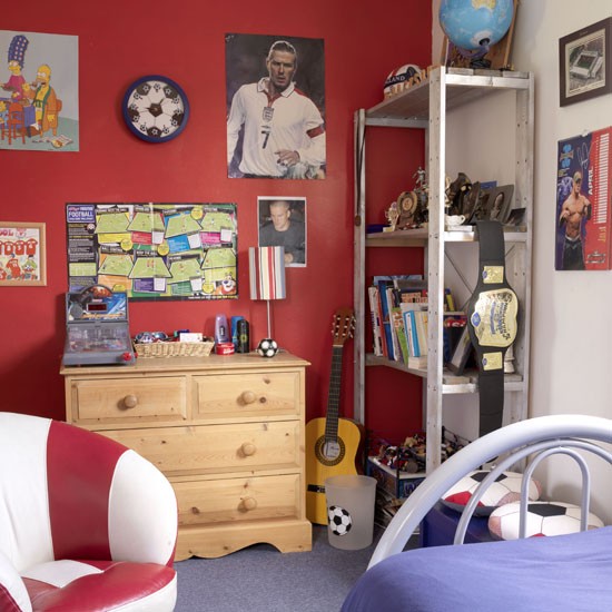 Colourful feature wall of boy's bedroom