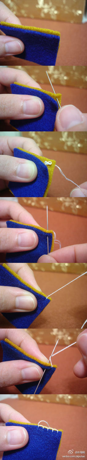 毛边缝是不织布作品最常用针法： 第一针时候，先从下面穿过两块布，第二针从下面穿出来，你刚刚穿过点旁边，这时针先不要拉出来，把线绕过针头後再把针拉出来，点与点距离大概2mm为最佳!