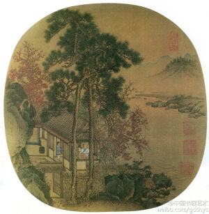 宋 刘松年《秋窗读易图》--- 山石的画法明显是学自李唐，先用健朗的线勾轮廓，然后施以斧劈皴，精巧、有力，青绿设色，杂树用夹叶法，这些都是典型的南宋画法。绢本，设色，辽宁省博物馆藏品。