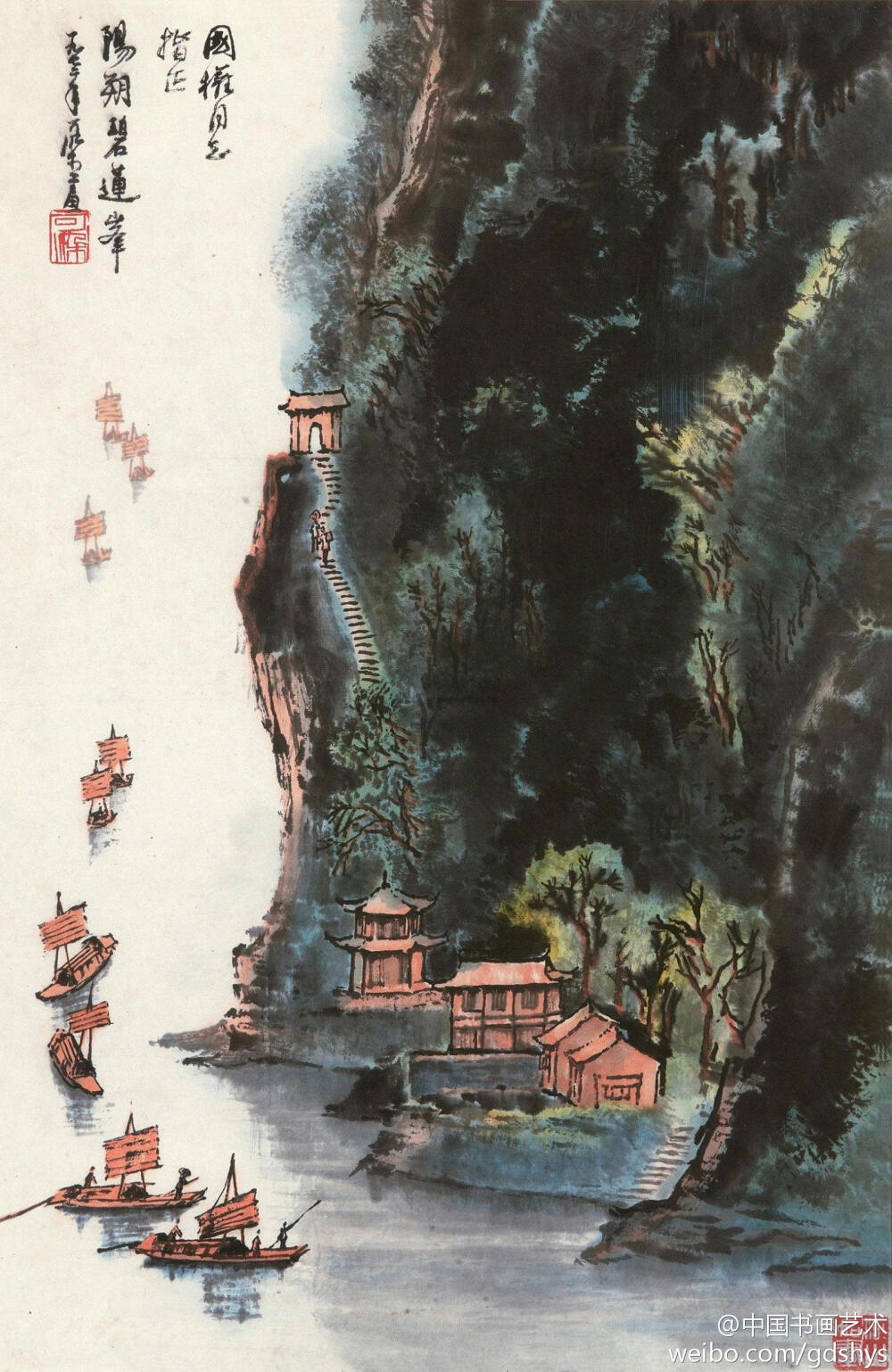 李可染 1972年作《阳朔碧莲峰》--- 全图为漓江与碧莲峰截景，构图取势匠心独具。画幅中左半边为表现漓江而作大量留白，与右半边碧莲峰的浓重墨色形成强烈对比。山峰的描绘是李可染最为典型的积墨之法，山色厚重而不失秀润，同时又造就深邃之感。