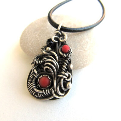 red silver necklace wire wrapped coral