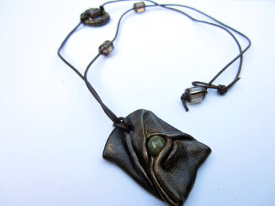 Leather charm necklace with smoky quartz and jade