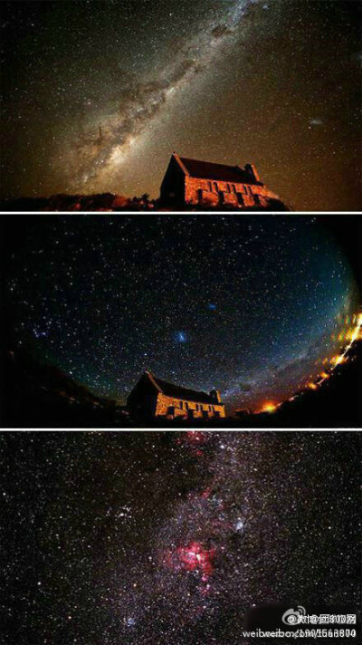  这是全世界星空最美的地方——新西兰的小镇特卡波，它将成为世界上第一个“星空自然保护区”。特卡波的夜空静谧而璀璨，银河和大团星座清晰可见，令人仿佛置身于童话世界。
