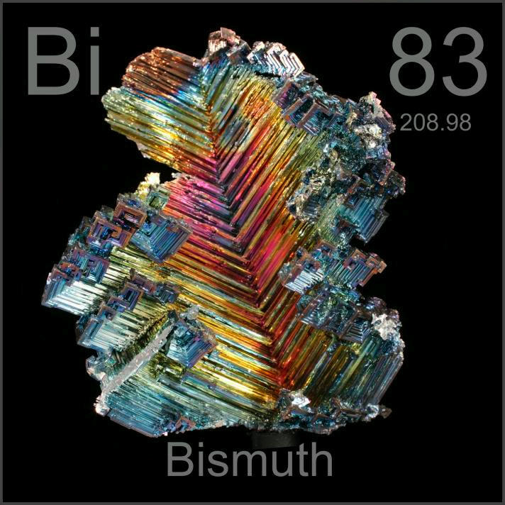 铋是一种稀有金属，英文名：bismuth ，化学符号Bi，原子序数83，原子量208.98037，属周期系ⅤA 族。铋的合成晶体非常美丽，表面通常有非常薄并闪光的氧化层。