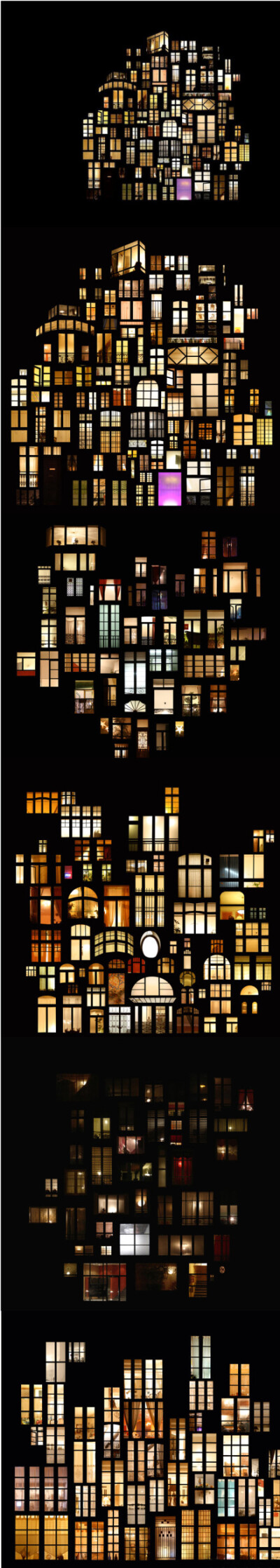 法国艺术家Anne-Laure Maison 把自己拍摄过的夜晚的窗户重组并拼贴，加入了自己的想像，赋予了这些或许相隔很远的窗户们一个新的分布结构，就如梦幻的城堡一样，让人对窗户里面灯光下的世界产生了无尽的遐想与向往。…