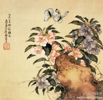 清 居廉《扶桑》--- 此图运用恽寿平之没骨画法写花卉，结合画家所创的撞粉、撞水技法，以产生秀润亮丽、明暗参差的效果。昆虫多以工笔或兼工带写之法绘出，自然生动，写实准确。画面有清新活泼、文静抒情的意趣。