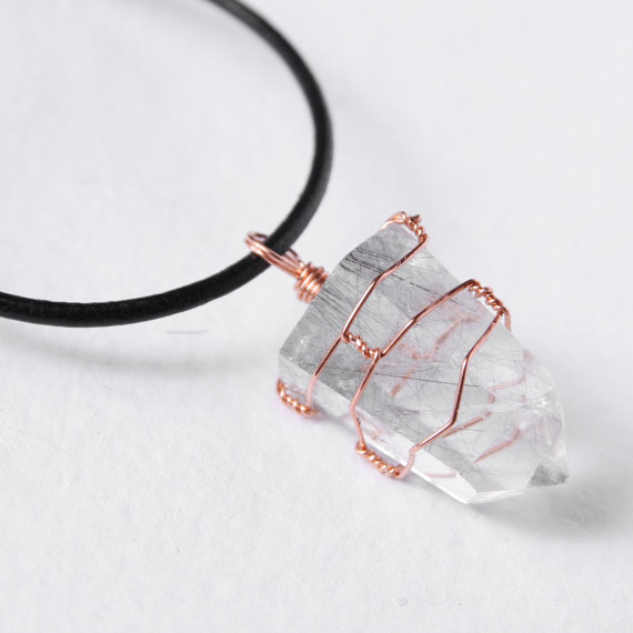 Rutilated Quartz Pendant Wire Wrapped in Copper Unisex Necklace Leather Cord