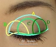 中级眼影的画法分四个区域，眼皮分浅中深三色，再用中和色扫一下~一般日常妆都可以用这种画法