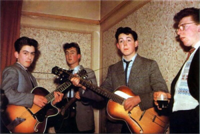 The Beatles in 1957. George Harrison age 14, John Lennon age 16 and Paul McCartney age 15.