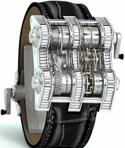  由 Cabestan 推出的 Winch Tourbillion Vertical Watch ( 垂直绞盘炫风表？ )，里头总共有 1,352 个包含齿轮、绞炼、面盘等等的小零件，唯一的功能就是不停转动这些小零件，发出机械运转的声音来拉动盘面指示时间。银镍平价版，每只售价美金 275,000 元( 人民币 1,884,026 元 )；如果blingbling的感觉，另有标价 400,000 美元的白金镶钻版可供选择。——————我是分割线——————真tm的贵！！！红果果的炫耀！！！