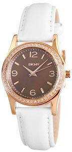 DKNY NYNY8480 是一款模拟手表，玫瑰金不锈钢表壳（32毫米），表圈镶嵌一行水晶，褐色表盘，白色皮质表带，防水50米。