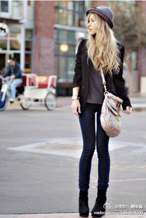 Dolce Vita Boots, Asos Fedora, United Citizens Blazer, La Made Tee, Miu Miu Bag, Hermës Cuff, Earnest Sewn Denim.