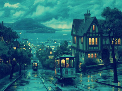 Evgeny Lushpin作品——雨后世界，很梦幻，是插画，但是很像照片，可以从电车内的人物看出来