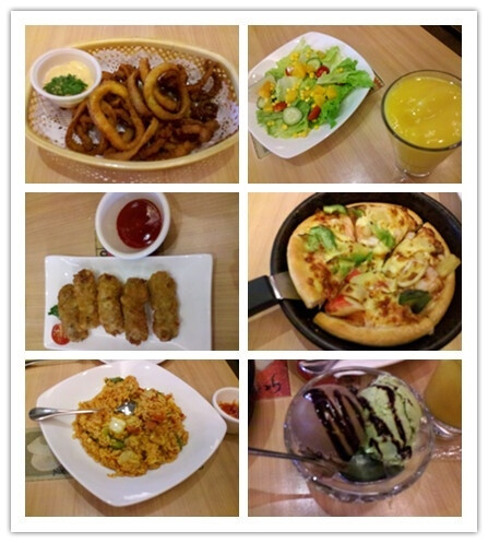 必胜客小食集锦，里面的Pizza是六寸的貌似，很小，这些菜叫啥都忘了，但是都很好吃的呢