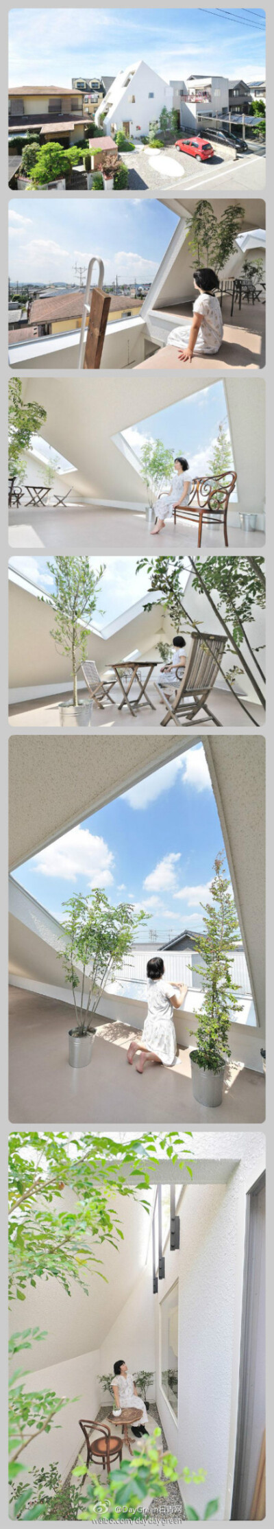 【设计】位于日本的一处住宅设计，建筑共3层，可以看见远山，但住宅与周围房屋的近距离使得打开窗户就没了隐私。建筑师考虑如何在这样一个紧迫的空间中创造出开放感。最后设计了一个贯通三层楼的大斜屋顶，斜屋顶的…