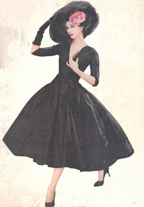 Dovima in a black evening gown, 1950s.