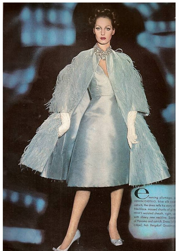 Ensemble of blue silk and ostrich feathers by Lanvin-Castillo, photo by William Klein for Vogue March 1962