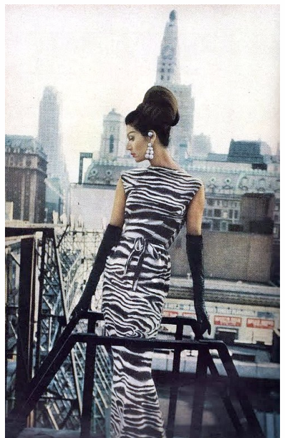 Simone in zebra-striped long dress by Nina Ricci, photo by William Klein, Vogue Sept. 1962