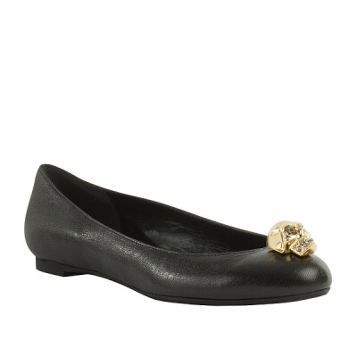 Alexander McQueen BLACK SKULL CHARM FLATS black leather flat pump with crystal skull charm