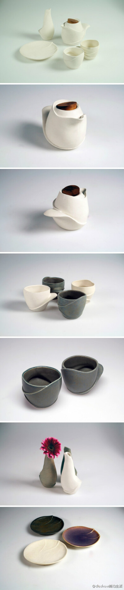 香港工业设计专业学生Patricia Wong设计制作的”Wavy”茶具。使用粘土和注浆的手法制成，线条流畅优美，如花瓣状层叠张开的外表代替常规的手柄，使手握时自然舒适。http://t.cn/zO2ZCzw
