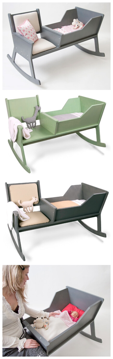 可以摇的儿童床，旁边设计的大人坐的位置XD~Modern rocking chair with integrated baby cradle designed by Ontwerpduo. http://www.toxel.com/inspiration/2012/02/23/kids-republic-bookstore/