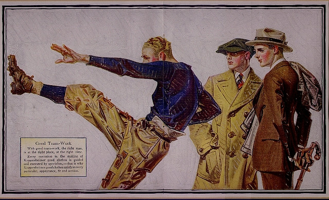 J.C. Leyendecker - Football FansJ.C.Leyendecker (1874-1951)Kuppenheimer Advertisementyeah - "they're fans of football" - right. :)The football kicker figure was used by Leyendecker separately without the "fans" in the 1921 yearbook for the U.S. Navy also