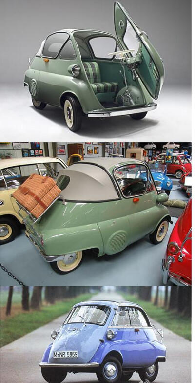 BMW宝马在1955年推出的一款两座微型车Isetta，只有一扇向前打开的车门.超级萌！