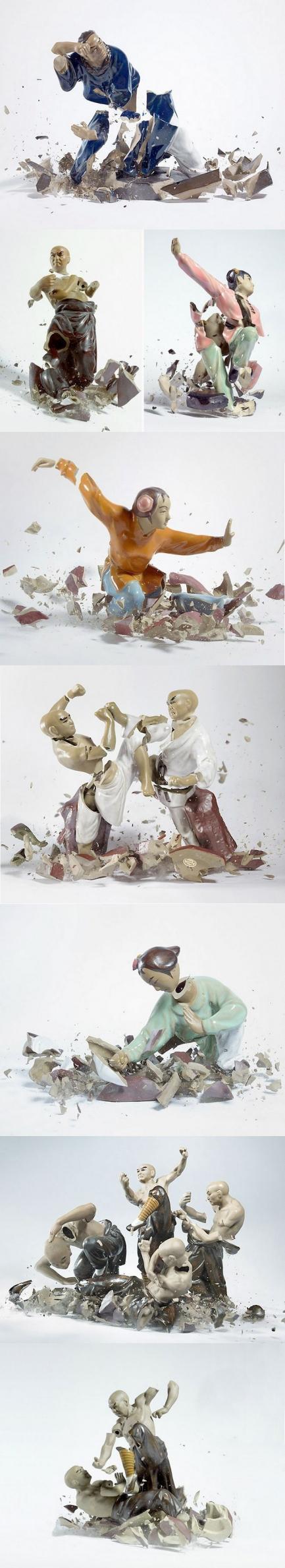 德国摄影师Martin Klimas的porcelain figurines系列作品 ，瓷像从近3米的高度摔落，并用高速摄影采集瓷像落地的瞬间，加上功夫瓷像的动作神态，给人带来强烈的视觉动态暴力美感 ，仿佛在瞬间灵魂附体 ，以抛却完整换来这一刹那生命的绽放。